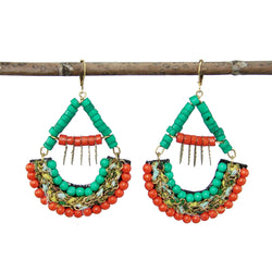 Turquoise and Coral Kantha Earrings Handmade and Fair Trade