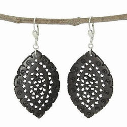 Lacy Leaf-Shaped Carved Bone Earrings - Black Handmade and Fair Trade