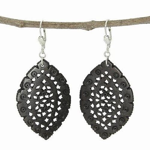 Lacy Leaf-Shaped Carved Bone Earrings - Black Handmade and Fair Trade