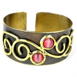 Pink Tiger Eye and Scroll Brass Cuff Handmade and Fair Trade
