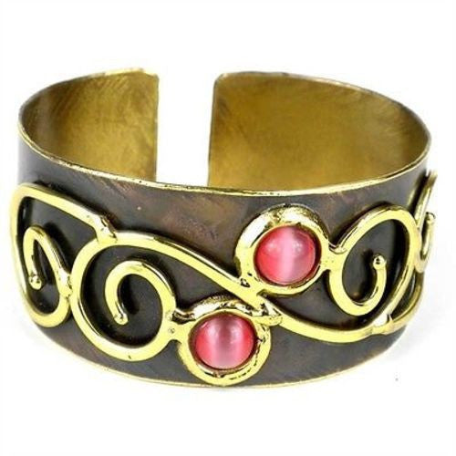 Pink Tiger Eye and Scroll Brass Cuff Handmade and Fair Trade