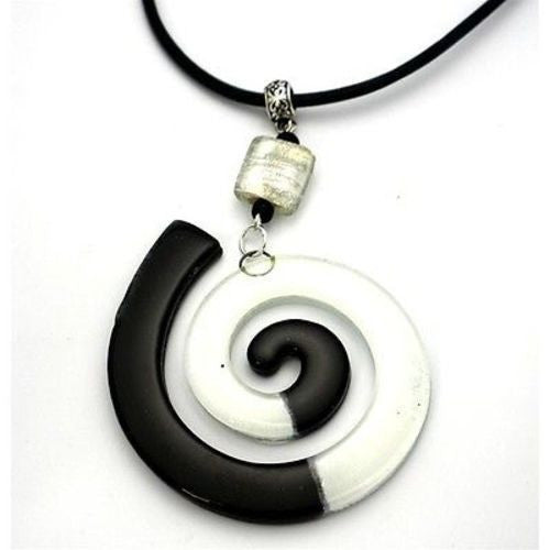 Giant Finite Swirl Glass Pendant Necklace Black White Handmade and Fair Trade