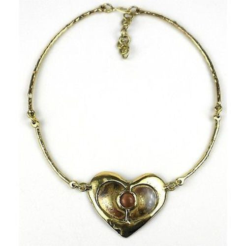 Peach Tiger Eye Brass Heart Necklace Handmade and Fair Trade