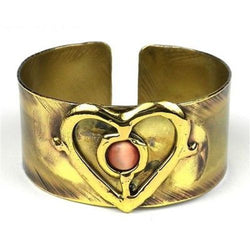 Peach Tiger Eye and Brass Heart Cuff Handmade and Fair Trade