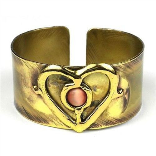 Peach Tiger Eye and Brass Heart Cuff Handmade and Fair Trade