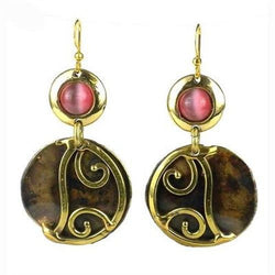 Pink Tiger Eye and Brass Scroll Earrings Handmade and Fair Trade