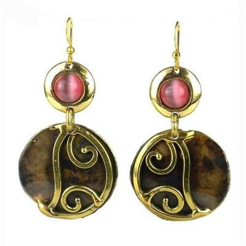 Pink Tiger Eye and Brass Scroll Earrings Handmade and Fair Trade